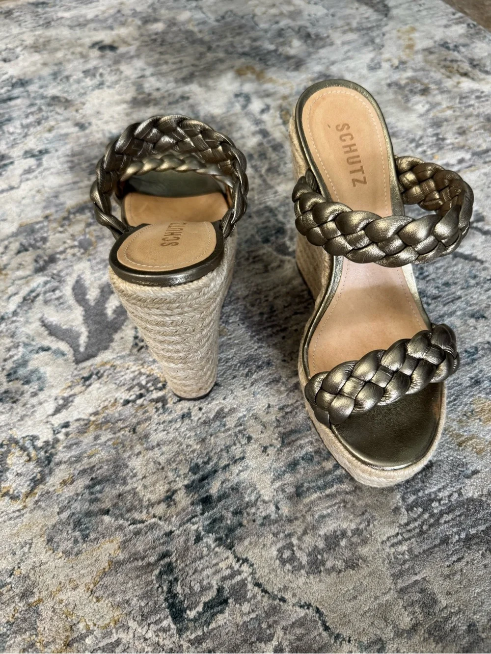 SCHUTZ Metallic Braided Espadrille Wedge Sandals - Gold